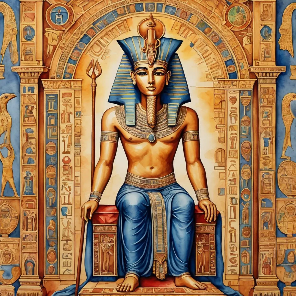 a painting of an egyptian pharaoh sitting on a throne with a staff in his hand and a mask on his head, afrofuturism, egyptian art, Edward Otho Cresap Ord, II, highly detailed digital art