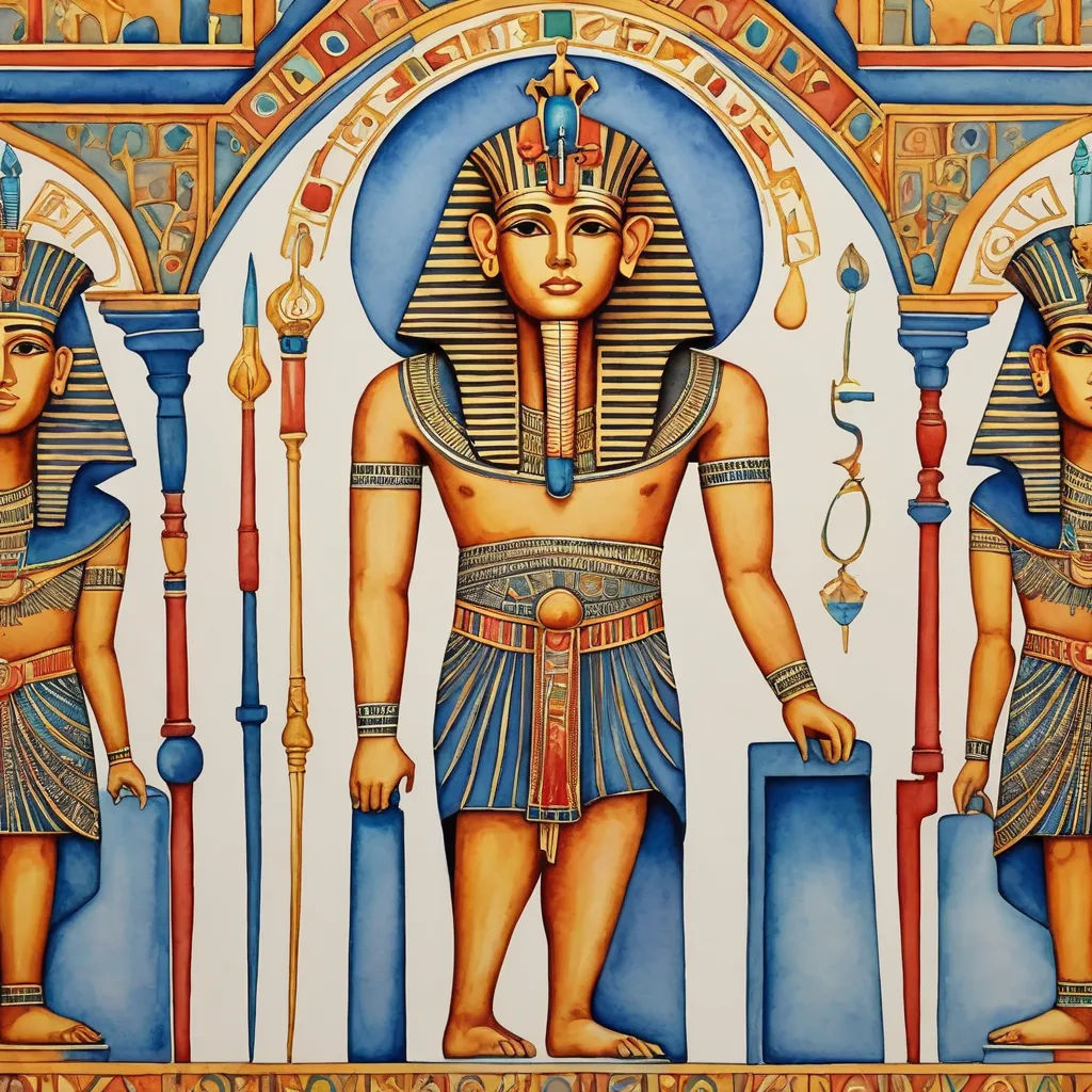 a painting of two egyptian men with a sword and a staff in front of a wall with egyptian designs, metaphysical painting, egyptian art, Edward Otho Cresap Ord, II, highly detailed and intricate