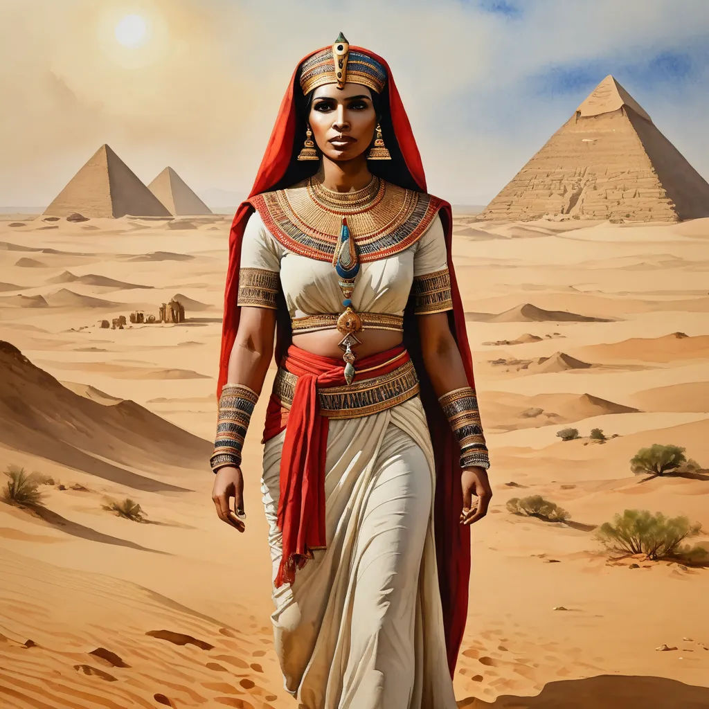 a woman in a red and white outfit walking in the desert with pyramids in the background and a sky with clouds, fantasy art, egyptian art, Art of Brom, magic the gathering artwork