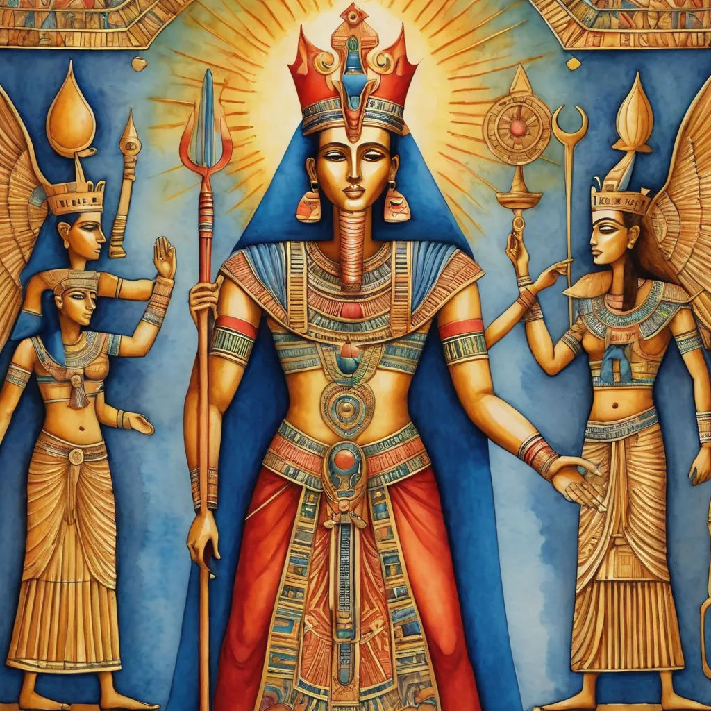 a painting of egyptian deities with a sun above them and a blue background with gold accents and a blue border, metaphysical painting, egyptian art, Altichiero, divinity