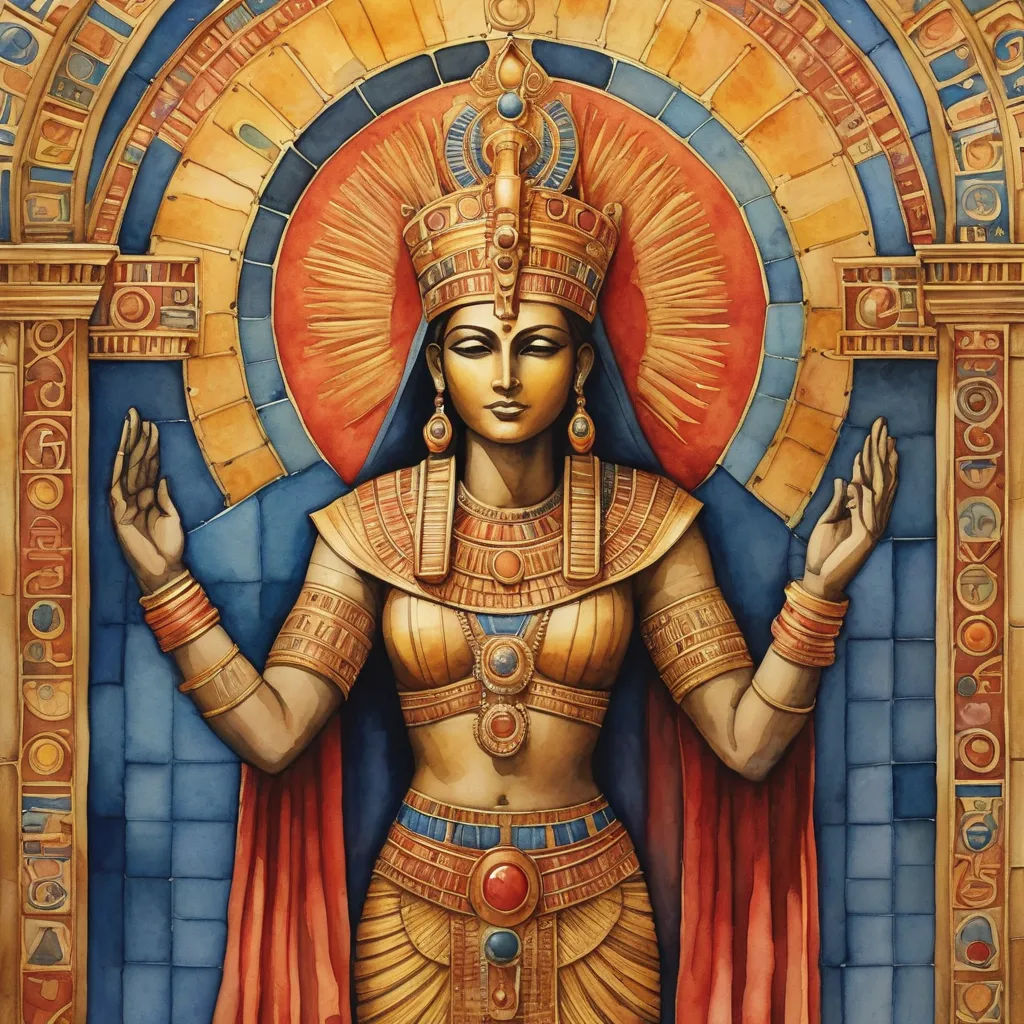 a painting of a woman in a golden outfit with a crown on her head and hands in her hands, metaphysical painting, egyptian art, Donato Giancola, divinity