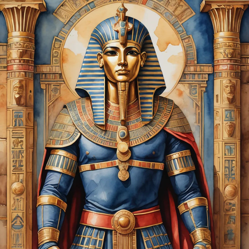 a painting of a pharaoh standing in front of a doorway with a clock on it's face and a gold crown on his head, afrofuturism, egyptian art, Edward Otho Cresap Ord, II, highly detailed digital painting