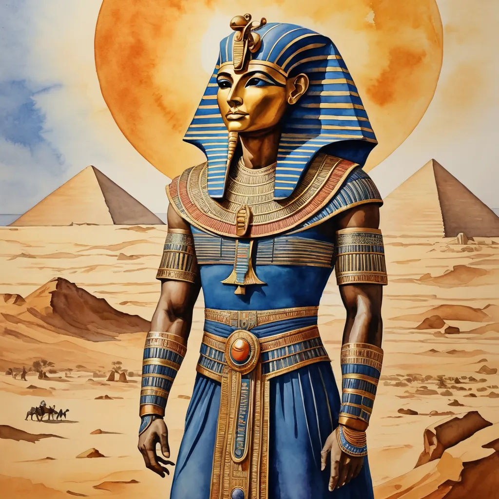 a painting of an egyptian pharaoh standing in front of a desert landscape with a sun in the background and a pyramid in the background, afrofuturism, egyptian art, Altichiero, highly detailed oil painting
