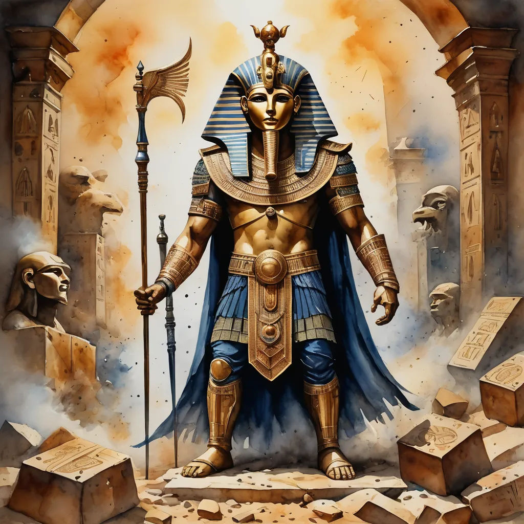 a painting of a pharaoh standing in front of a pyramid with a staff and a staff of fire in his hand, fantasy art, egyptian art, A.D.M. Cooper, epic fantasy character art