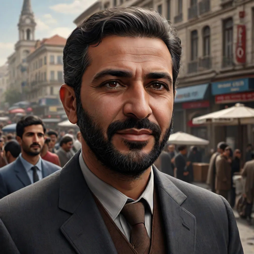 a man in a suit and tie standing in front of a crowd of people in a city street with a clock tower in the background, Ahmed Karahisari, photorealism, a character portrait, ultra realistic faces