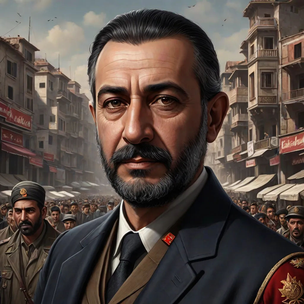 a man in a suit and tie standing in front of a crowd of people in a city with buildings, Alejandro Burdisio, classical realism, a character portrait, rpg portrait