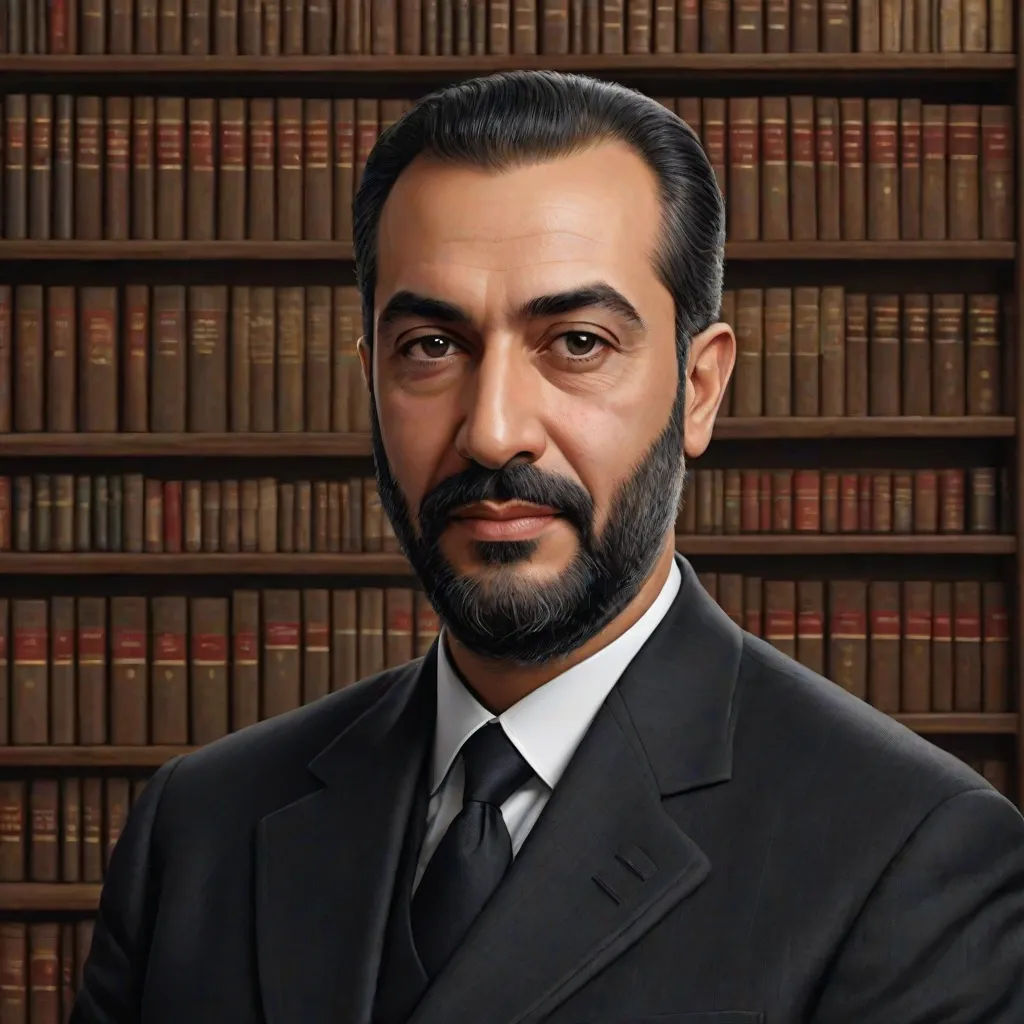 a man in a suit and tie in front of a bookcase with books on it and a beard, Ahmed Karahisari, qajar art, a character portrait, realistic portrait
