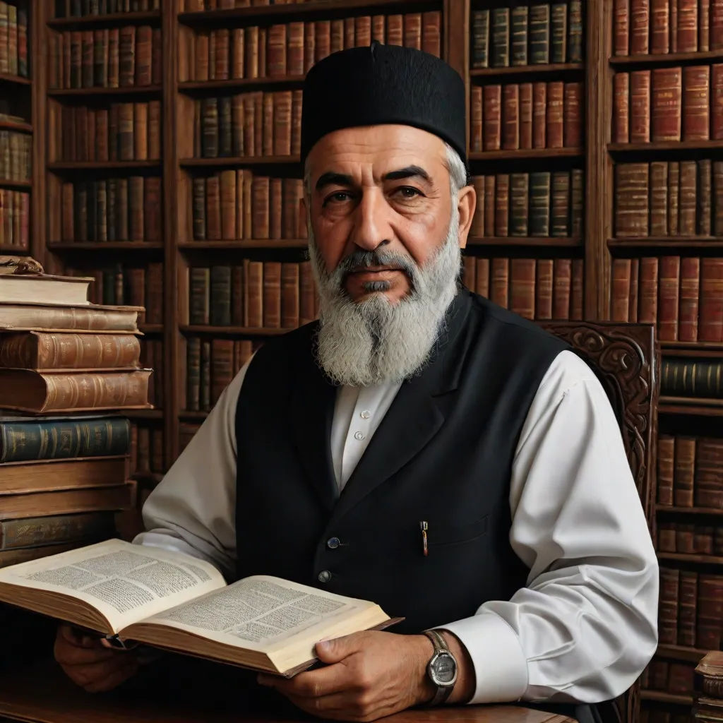 a man sitting in front of a book shelf holding a book in his hands and looking at the camera, Abdullah Gërguri, qajar art, a character portrait, portrait photography