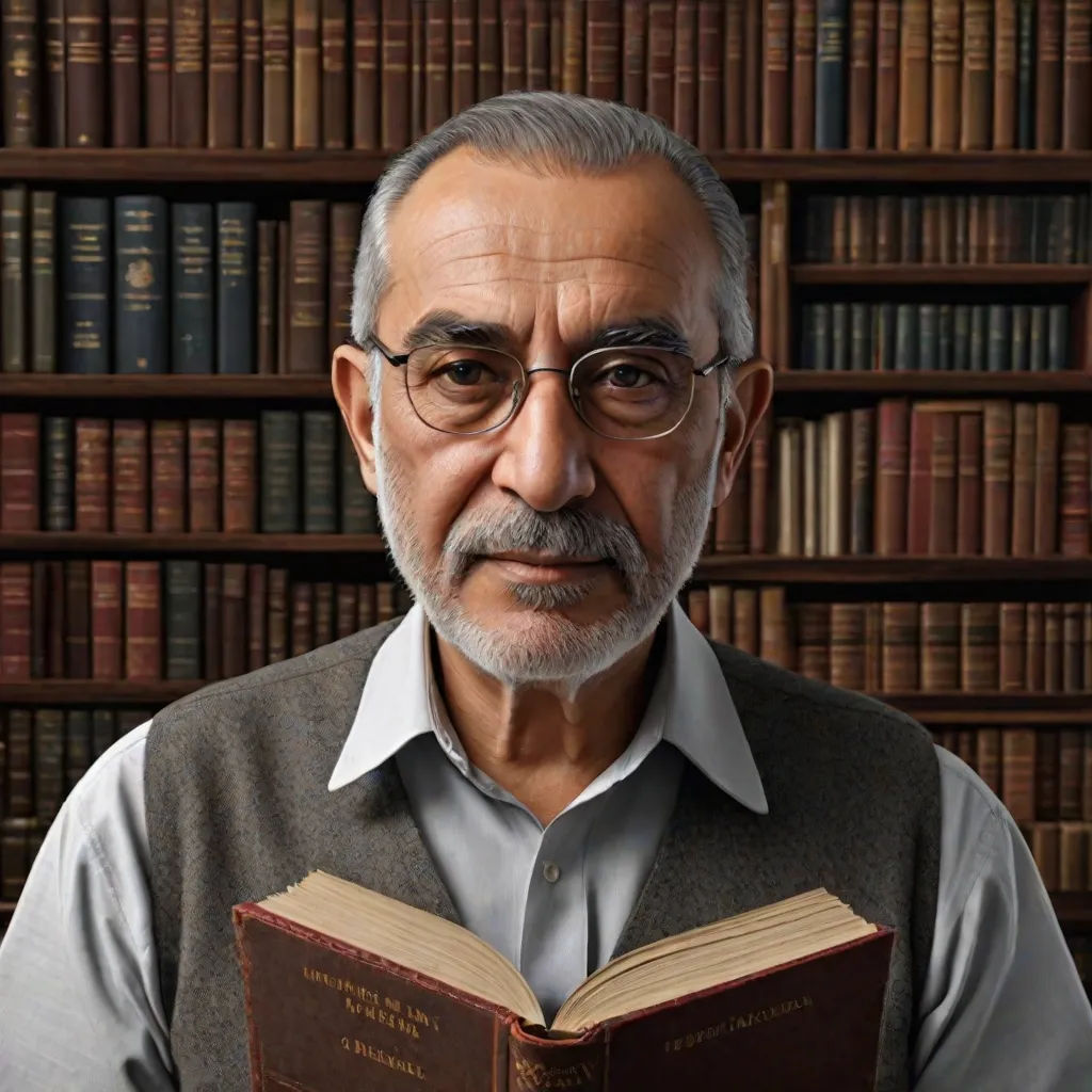 a man with glasses and a beard is holding a book in front of a bookshelf with many books, Ahmed Karahisari, academic art, a photorealistic painting, extremely detailed oil painting