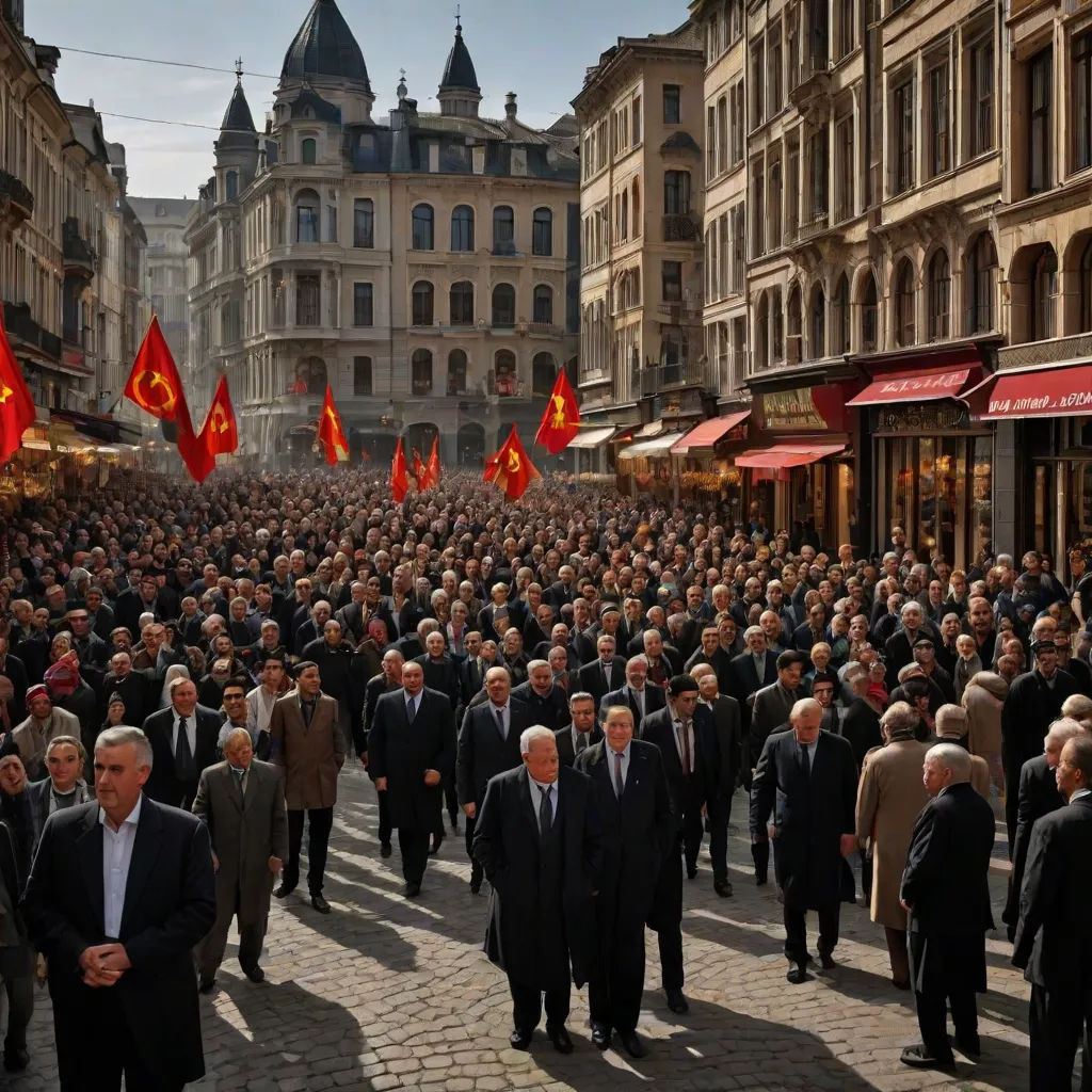 a large group of people walking down a street in a city with flags flying in the air and buildings in the background, Edi Rama, viennese actionism, a colorized photo, vfx