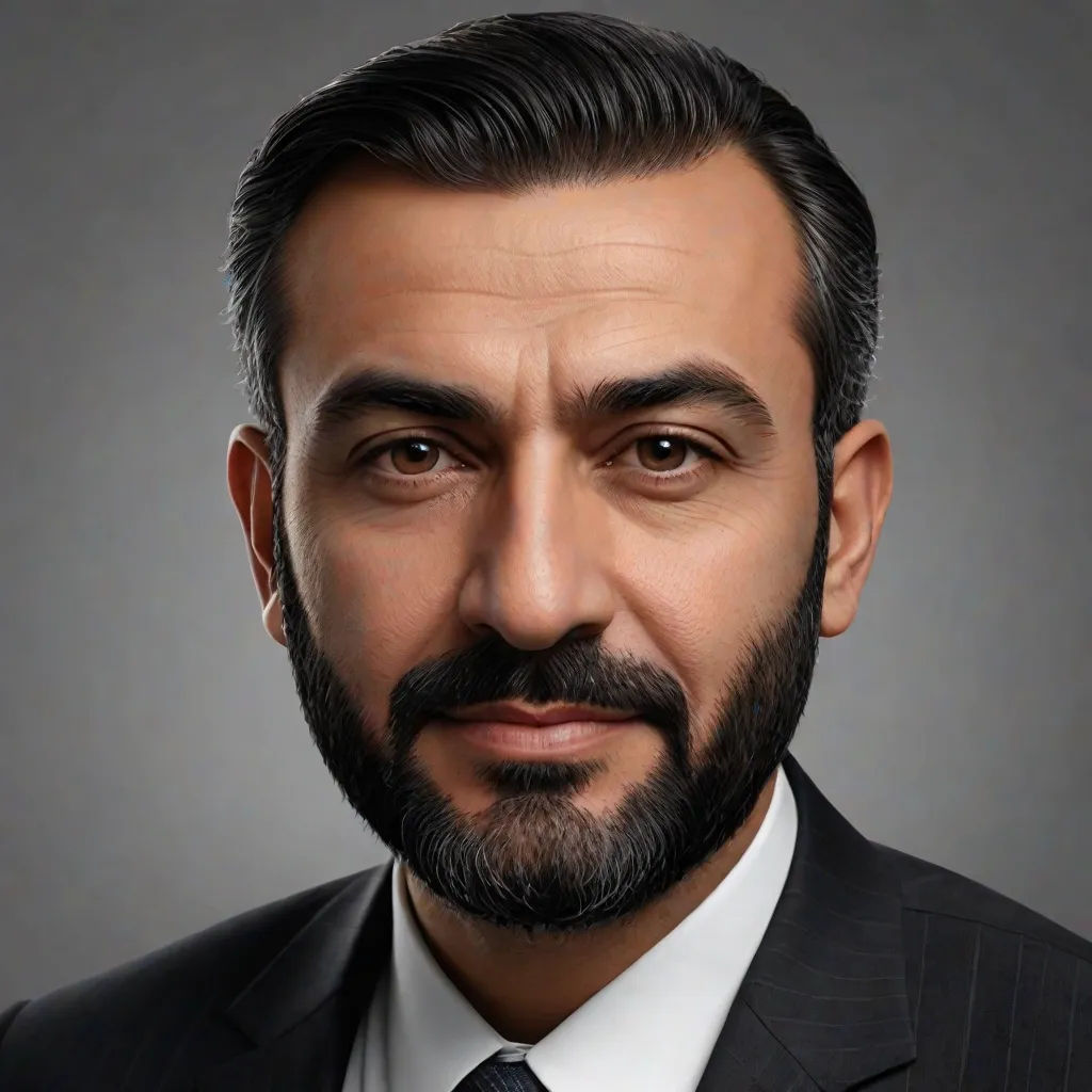 a man with a beard and a suit on a gray background with a black tie and a white shirt, Abdullah Gërguri, qajar art, a character portrait, professional photo