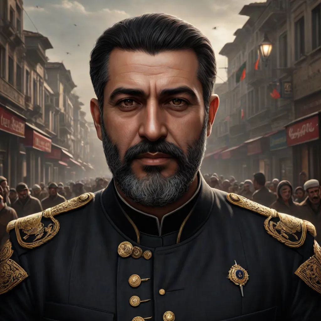 a man in a military uniform in a city street with a crowd of people in the background and a man with a beard, Alejandro Burdisio, qajar art, a character portrait, character portrait