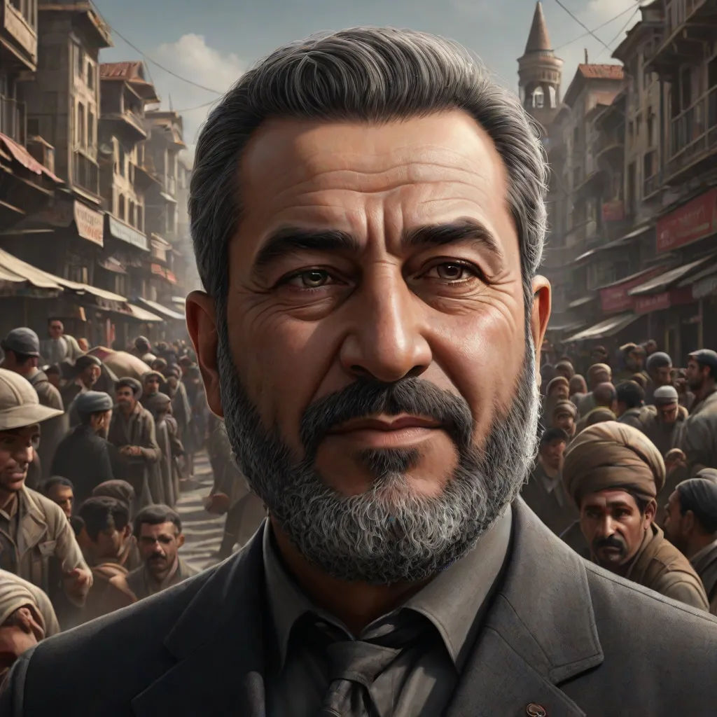 a man with a beard and a suit in front of a crowd of people in a city street with a clock tower, Ahmed Karahisari, realism, a character portrait, character portrait