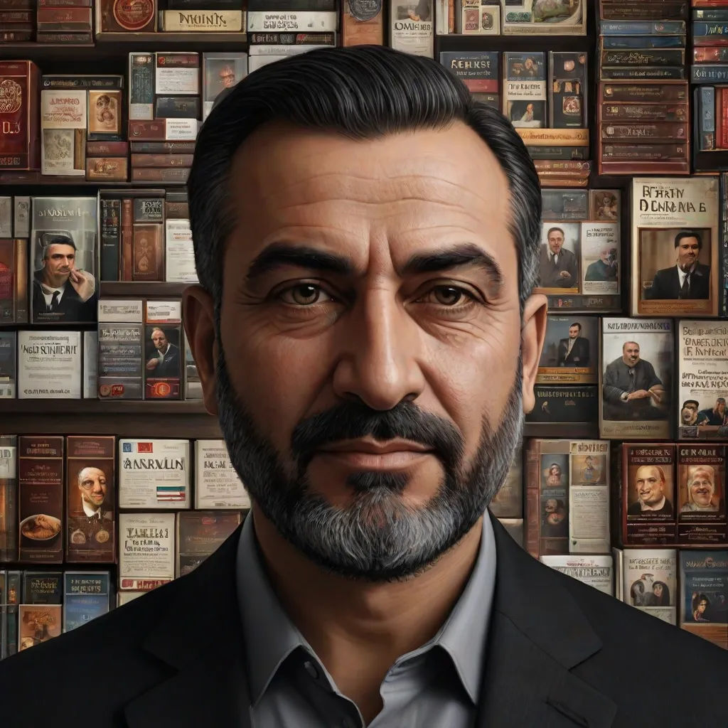 a man with a beard and a suit in front of a wall of books with portraits of people on them, Ahmed Karahisari, hyperrealism, a character portrait, detailed portrait