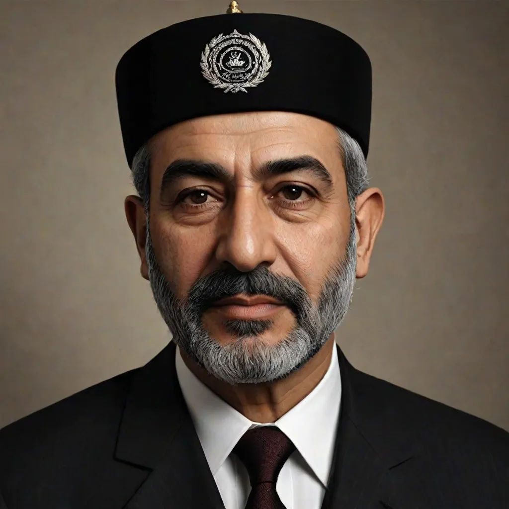 a man in a suit and tie with a hat on his head and a beard and mustache on his head, Abdullah Gërguri, qajar art, a character portrait, professional photo