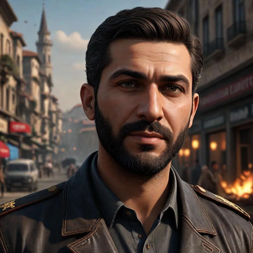 a man with a beard and a leather jacket on a street corner in a city with a fire in the background, Ahmed Karahisari, photorealism, computer graphics, ultra realistic faces