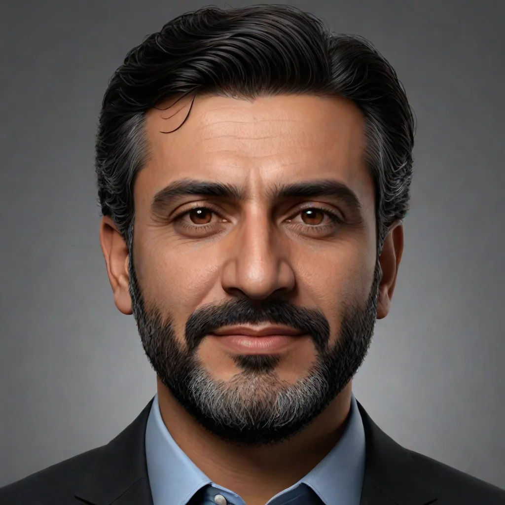 a man with a beard and a suit and tie on a gray background with a black background and a gray background, Ahmed Karahisari, photorealism, a character portrait, realistic face