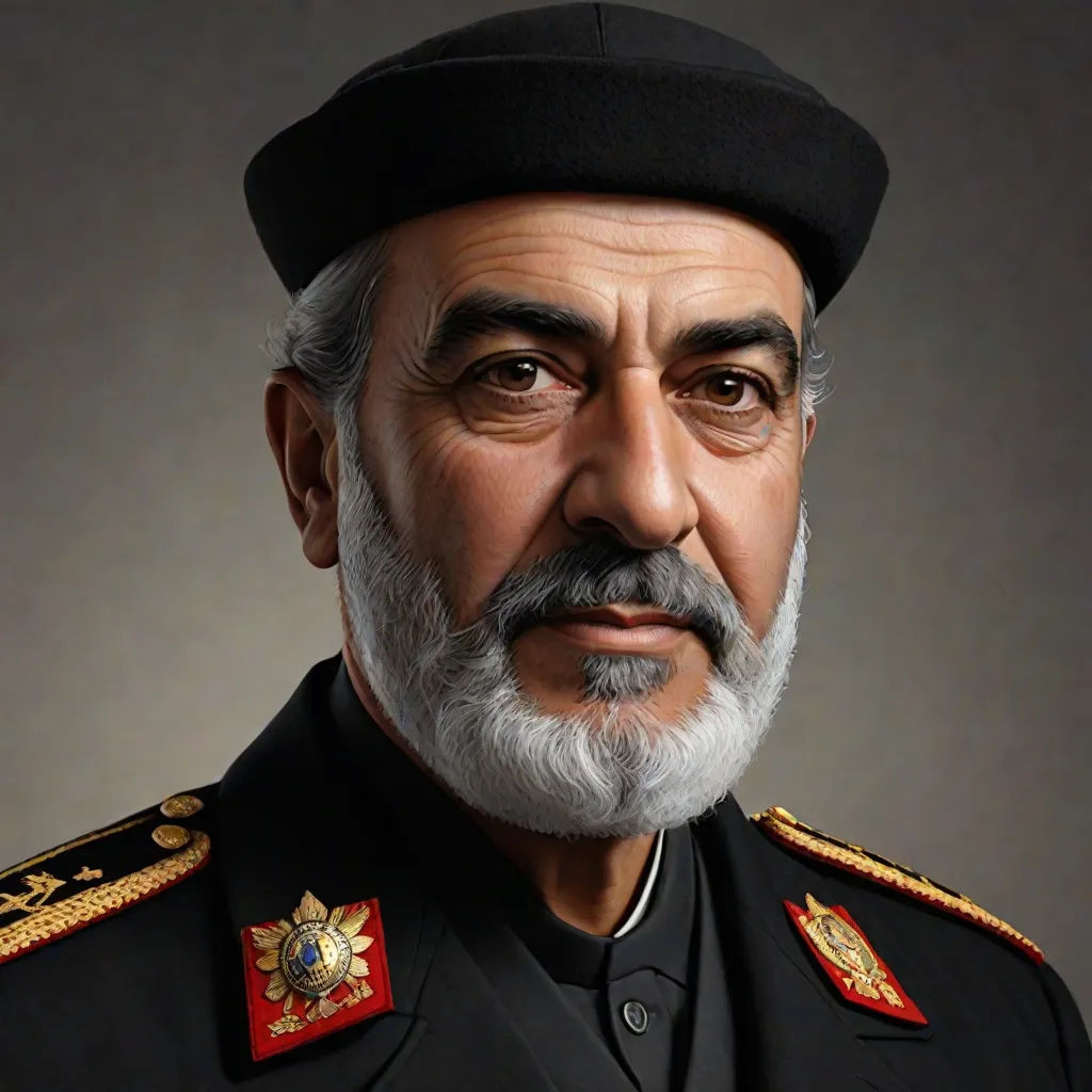 a man in a military uniform with a beard and mustache, wearing a black hat and a black jacket, Abdullah Gërguri, photorealism, a photorealistic painting, photorealistic portrait