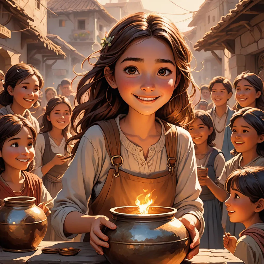 a girl holding a pot with a flame in it surrounded by other children and a crowd of people in the background, fantasy art, a storybook illustration, Brad Kunkle, cgstudio