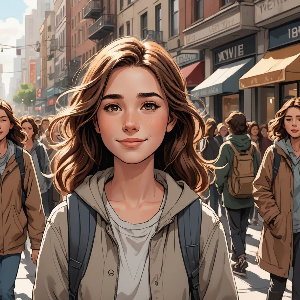 a woman standing in the middle of a crowded street with a backpack on her shoulder and a man in the background, american scene painting, a comic book panel, Alena Aenami, trending on art station
