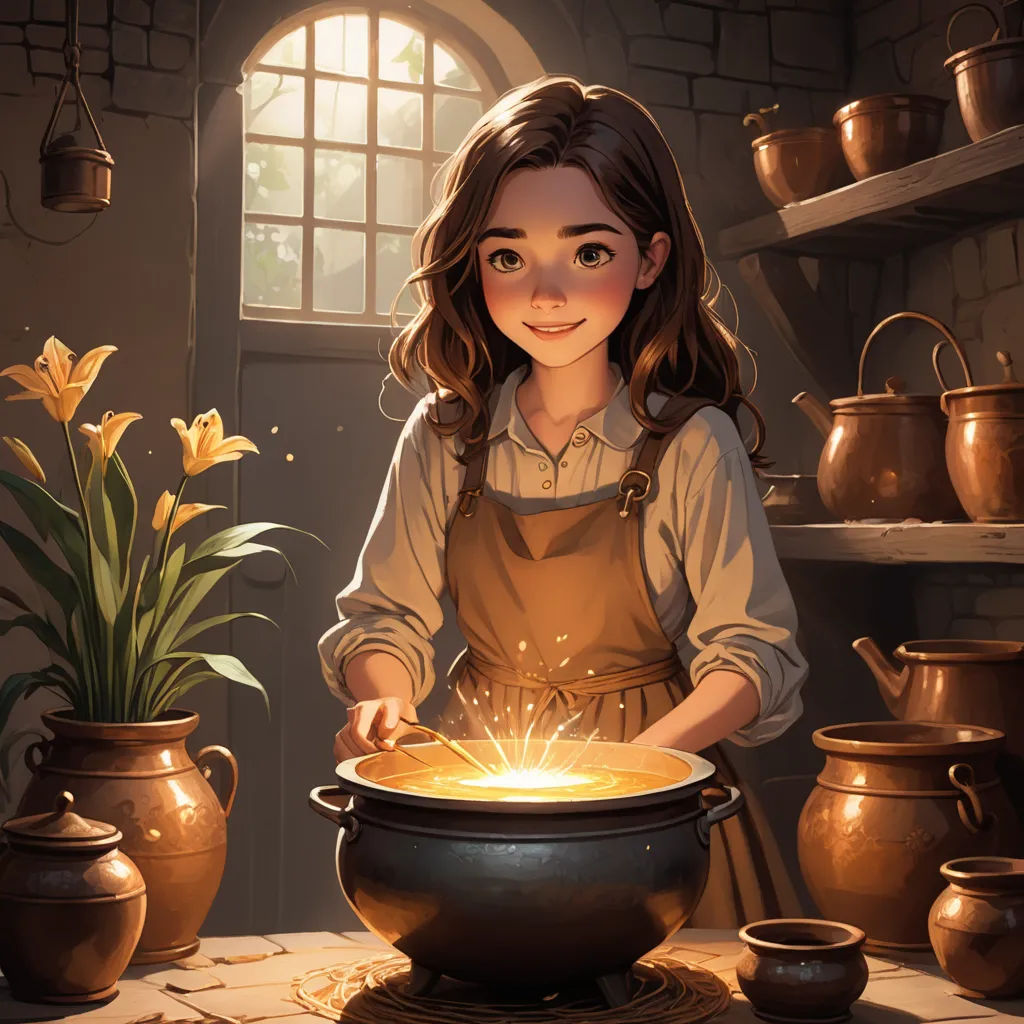 a girl is cooking in a pot with a light coming out of it and a pot of flowers in the background, fantasy art, a storybook illustration, Alejandro Burdisio, rossdraws global illumination