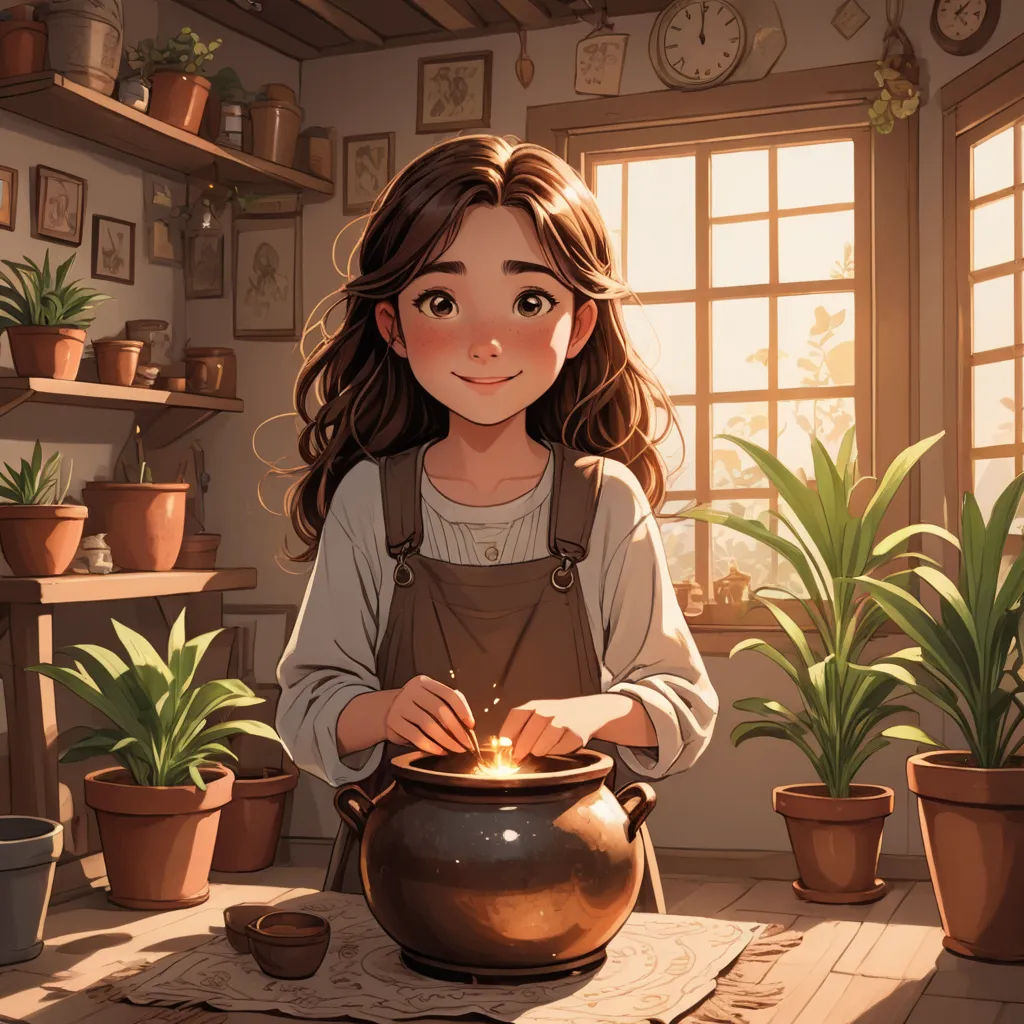 a girl is standing in front of a pot with a candle in it and a potted plant in the background, fantasy art, a storybook illustration, Evgeny Lushpin, rossdraws global illumination