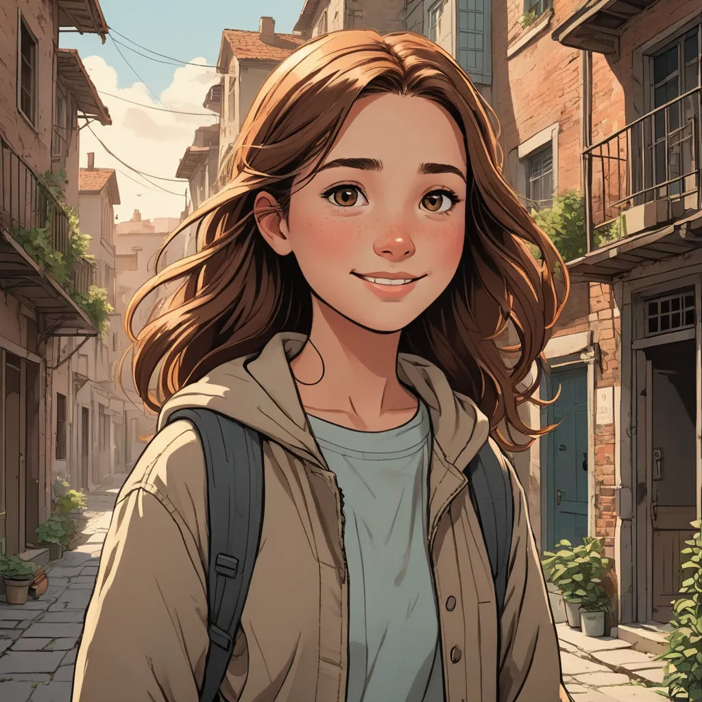 a girl with a backpack is standing in a street with buildings and a tree in the background, and a building with a balcony, paris school, a character portrait, Artgerm, kinkade
