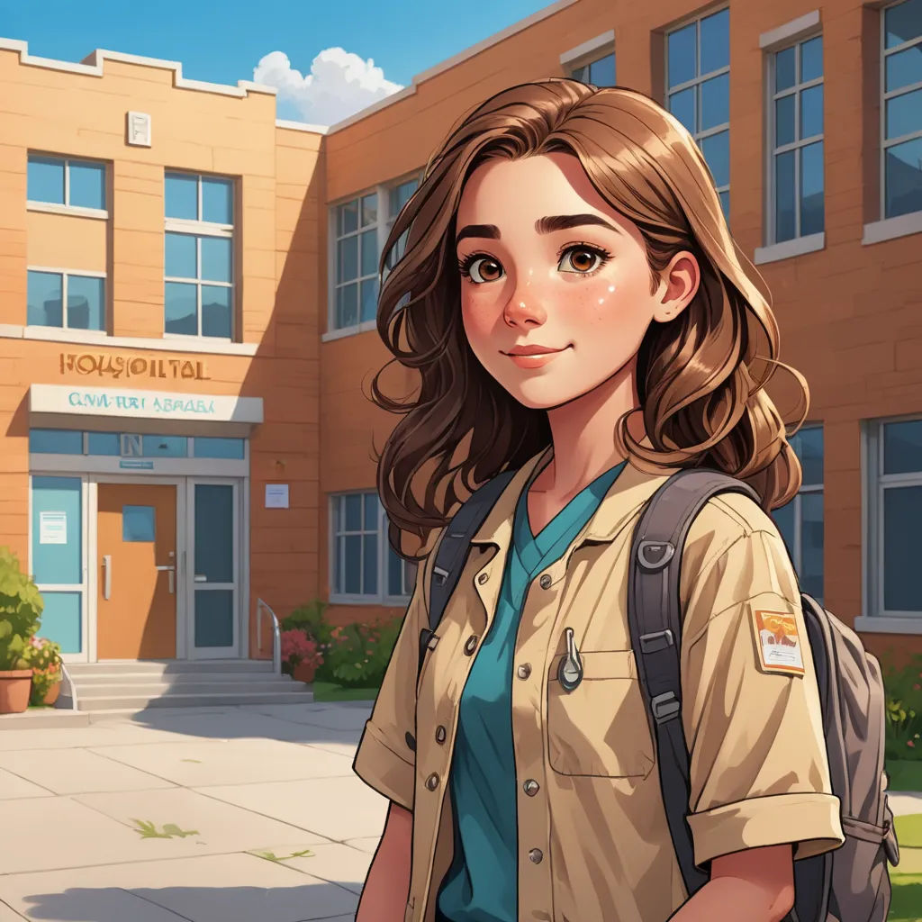a girl in a uniform standing in front of a building with a backpack on her shoulder and a backpack on her shoulder, american scene painting, a character portrait, Constance Gordon-Cumming, official art