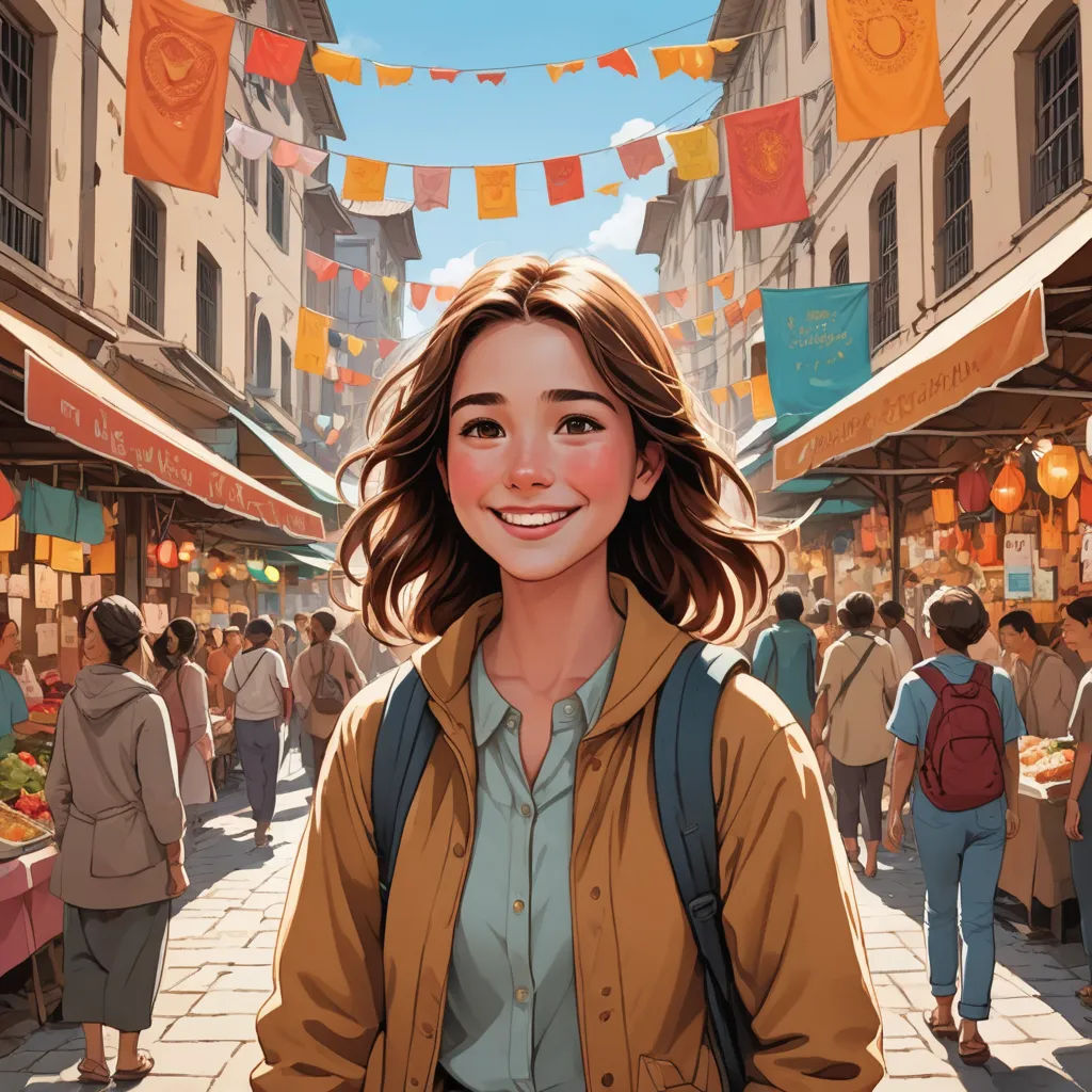a woman standing in a crowded street with a backpack on her shoulder and a crowd of people walking around, photorealism, a comic book panel, Atey Ghailan, comic cover art