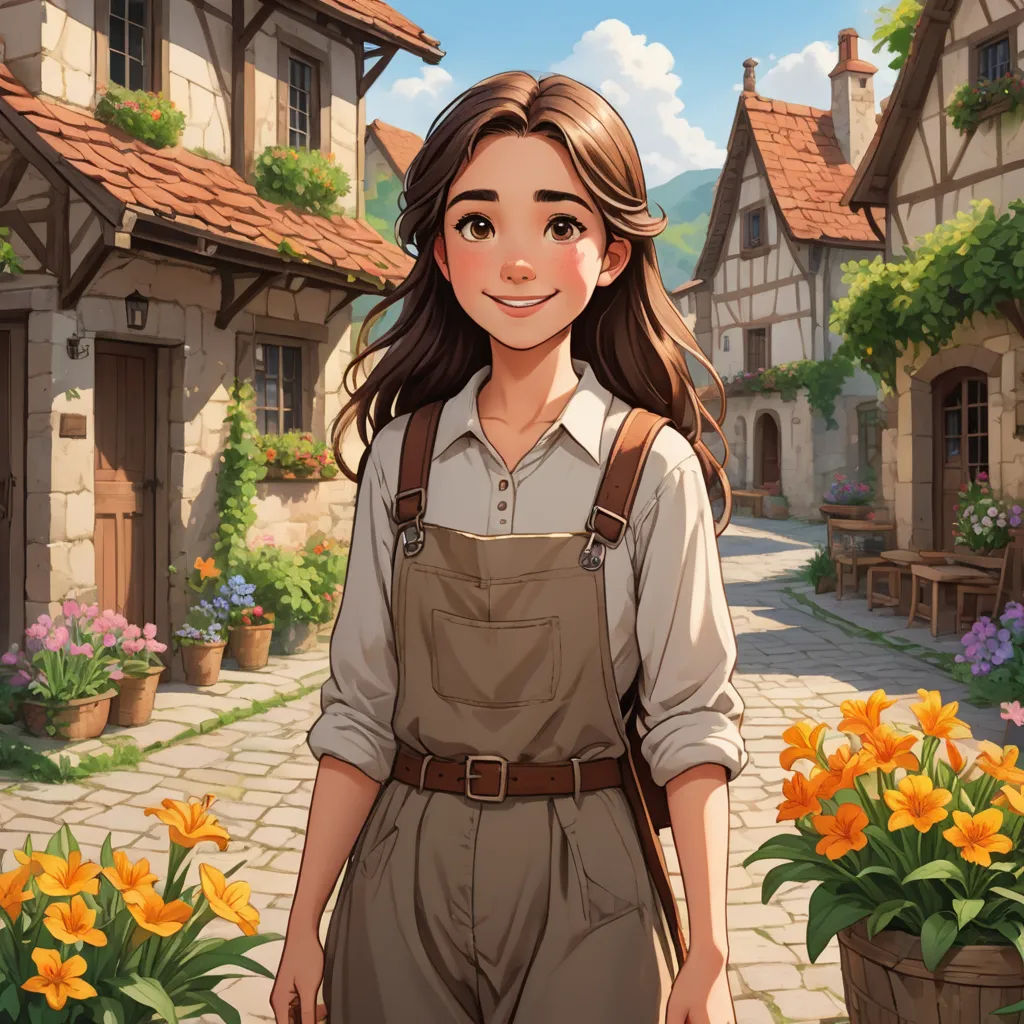 a girl in overalls standing in front of a flower garden with a house in the background and flowers in the foreground, fantasy art, a character portrait, Anne Said, kinkade