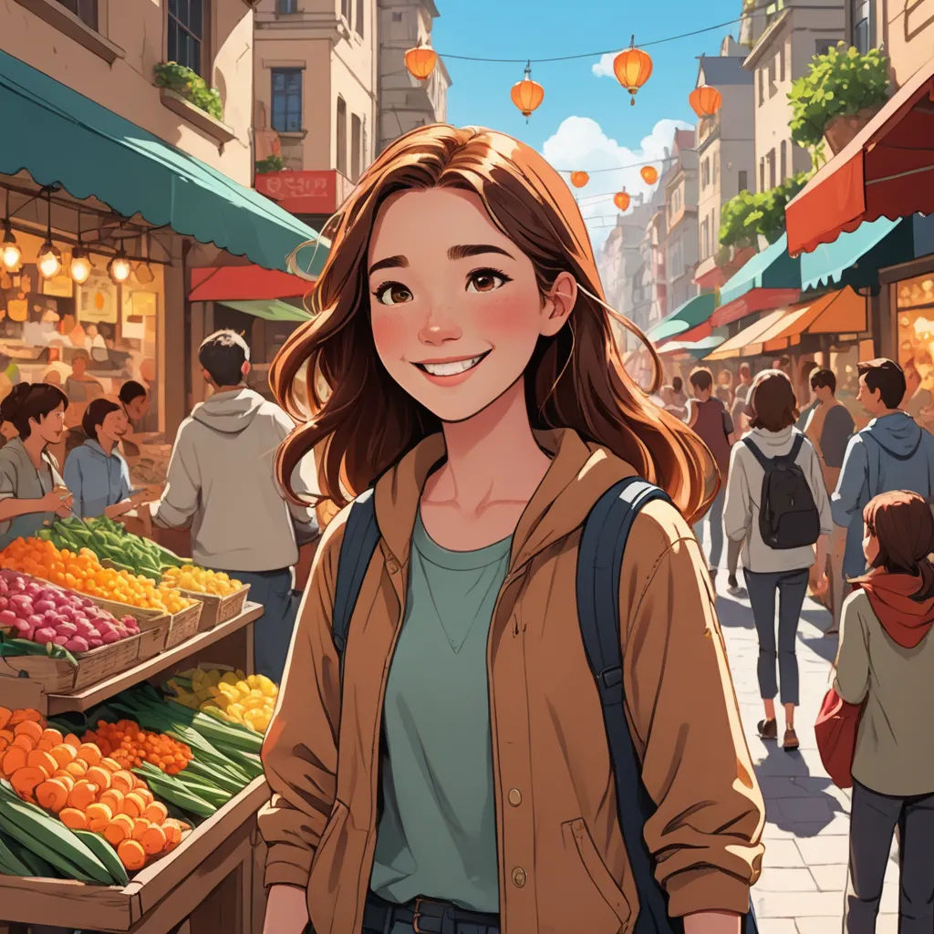 a woman standing in front of a fruit stand in a city street with people walking around it and a market with oranges and other fruits, aestheticism, a comic book panel, Atey Ghailan, rossdraws global illumination