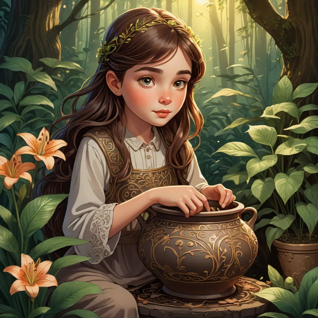 a painting of a girl sitting in the woods with a pot of tea in her hand and a flower in her hair, fantasy art, a storybook illustration, Alice Prin, storybook illustration