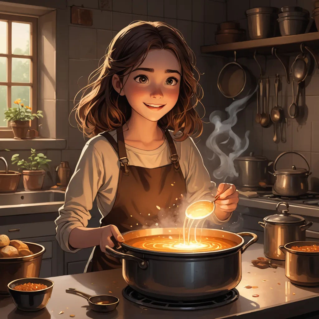 a girl cooking in a pot with a spoon in her hand and a pot of soup in the other hand, fantasy art, a storybook illustration, Alejandro Burdisio, cgstudio