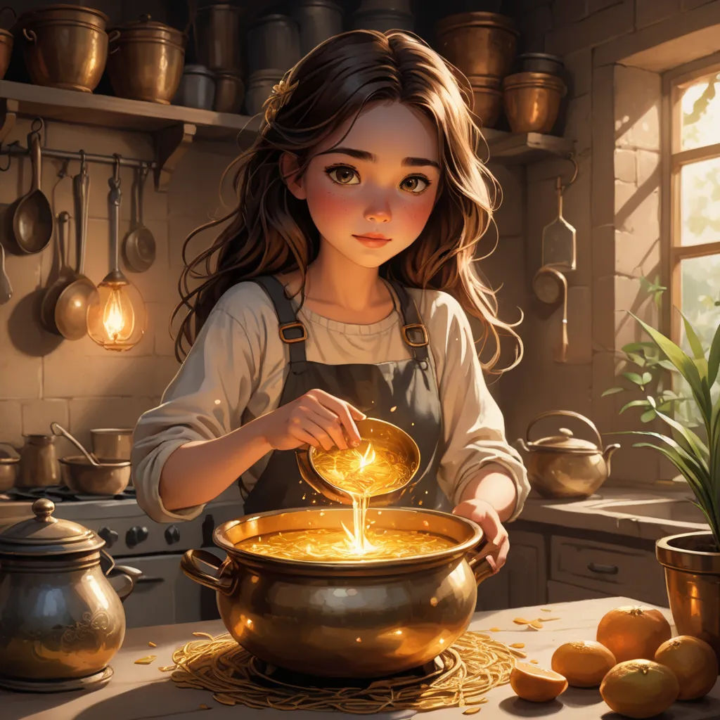 a girl is pouring a pot of liquid into a pot on a table with oranges and pots on the counter, fantasy art, a storybook illustration, Alejandro Burdisio, trending on art station