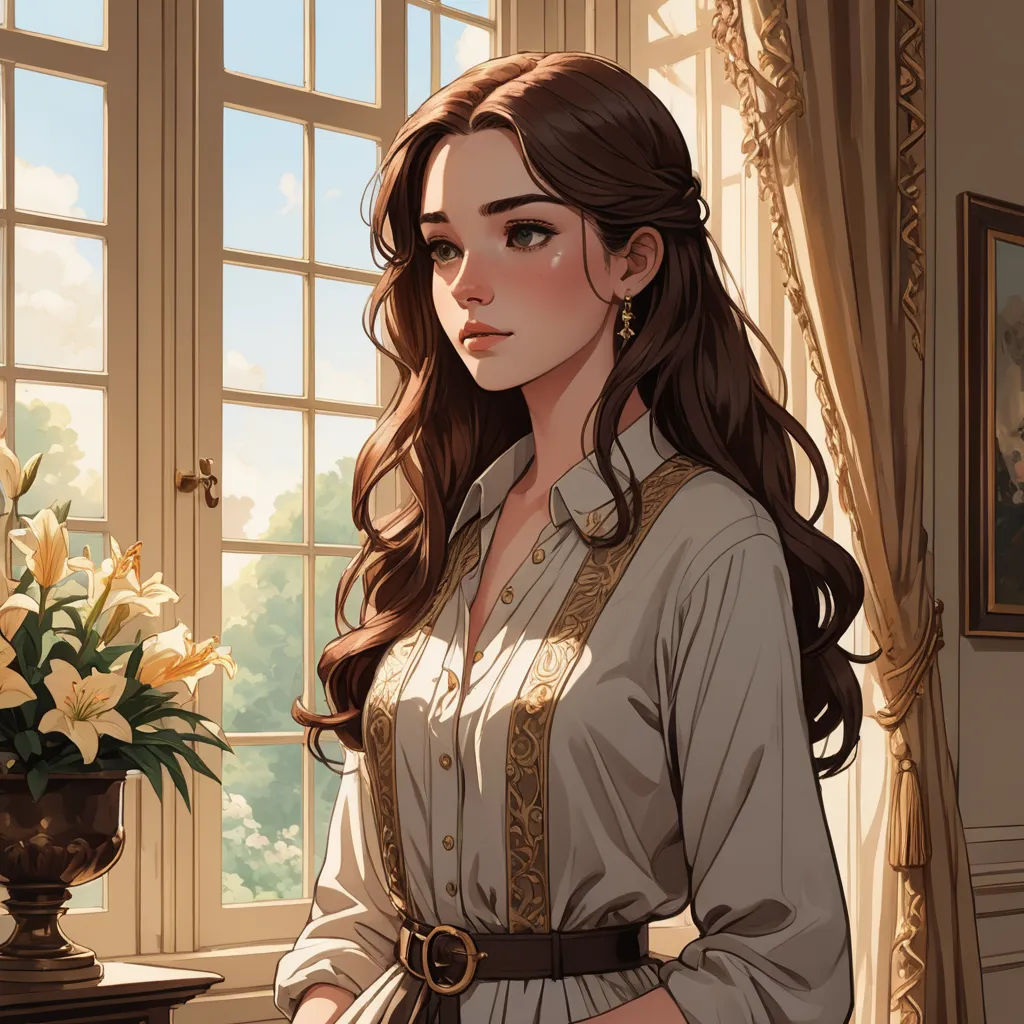 a woman in a dress standing in front of a window with a vase of flowers in front of her, pre-raphaelitism, a character portrait, Charlie Bowater, kinkade