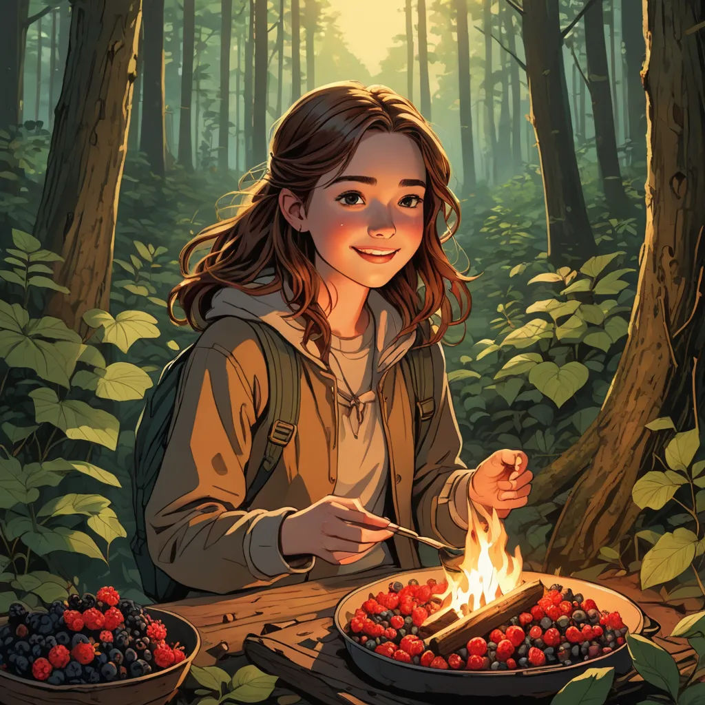 a girl is cooking food in the woods with a fire in her hand and berries on the plate in front of her, fantasy art, a storybook illustration, Atey Ghailan, comic cover art