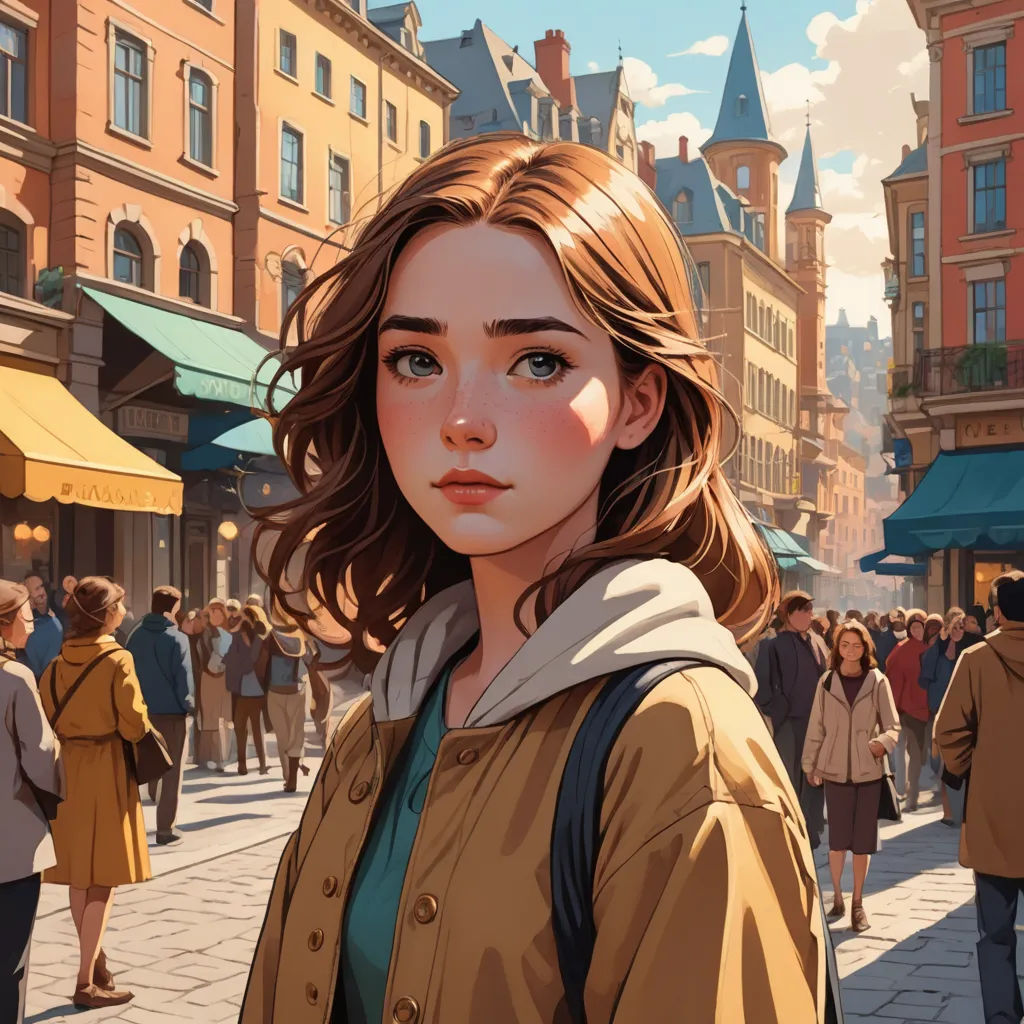 a painting of a woman standing on a street corner in a city with people walking around and buildings in the background, fantasy art, a detailed painting, Atey Ghailan, stanley artgerm lau