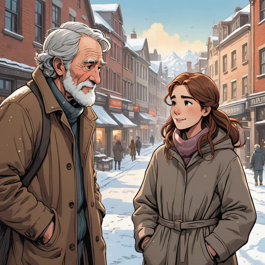 a man and a woman standing in the snow in front of a building with a snowy street in the background, american scene painting, a comic book panel, Cliff Childs, graphic novel