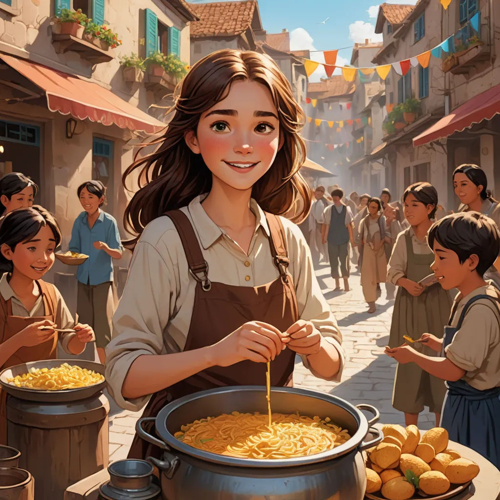 a painting of a woman serving food to children in a village street with a crowd of people in the background, magical realism, a storybook illustration, Alejandro Burdisio, kinkade