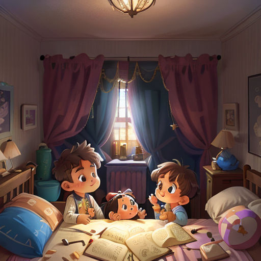 a couple of kids sitting in a bed with a book in their hands and a lamp above them in a room with a window