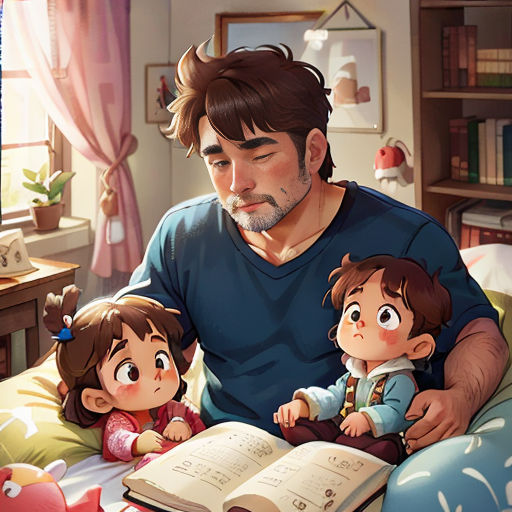 a man reading a book to two children in bed with a book open on the bed and a stuffed animal