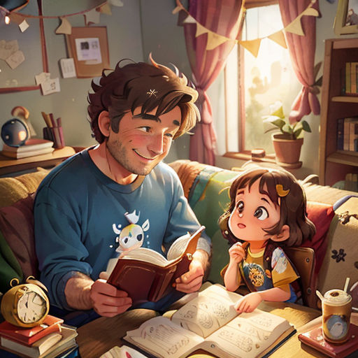 a man and a little girl sitting on a couch reading a book together in a living room with a clock and a lamp