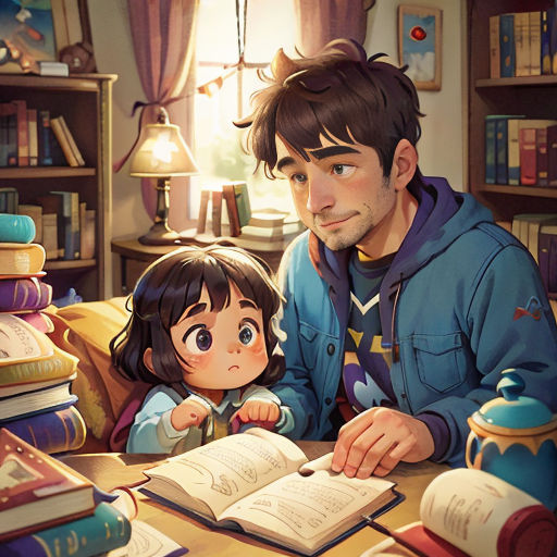 a man and a little girl sitting at a table with books and a lamp in front of them,