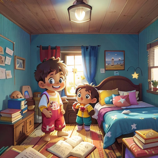 a boy and a girl standing in a bedroom with a bed and a book on the floor and a window