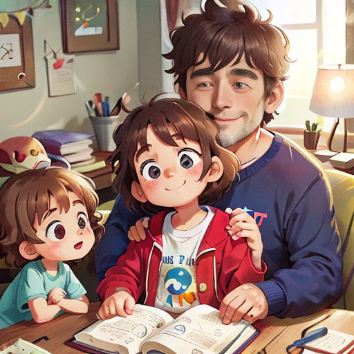 a man and two children sitting at a table with an open book in front of them, and a cat on the table