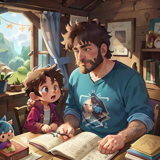 a man and a child are sitting at a table with books and a cat in the background, and a cat is looking at the book