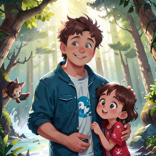 a man and a little girl standing in a forest with a forest background and a forest scene behind them
