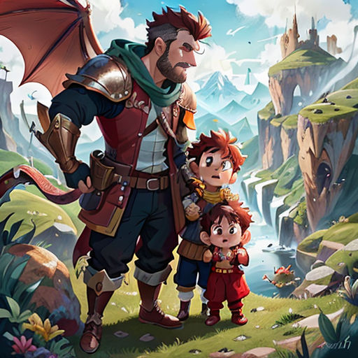 a man and a child standing in front of a dragon and a castle in the background with a dragon flying over them