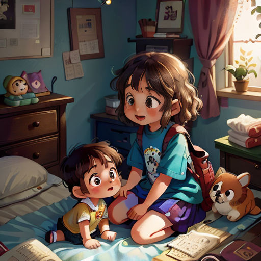 a little girl and a boy sitting on a bed with a book in their hands and a teddy bear