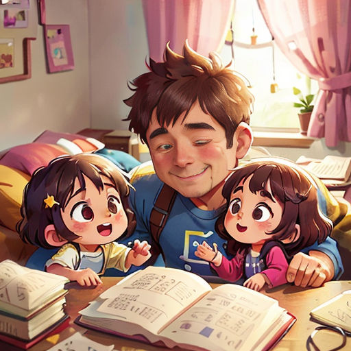 a man and two children are reading a book together in a room with pink curtains and a bed with a pink comforter